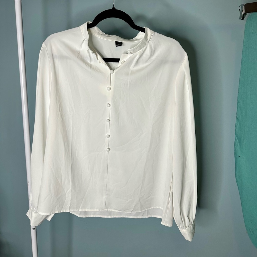 SHEIN Solid White Button Up Long Sleeve Mandarin Collar Blouse L
